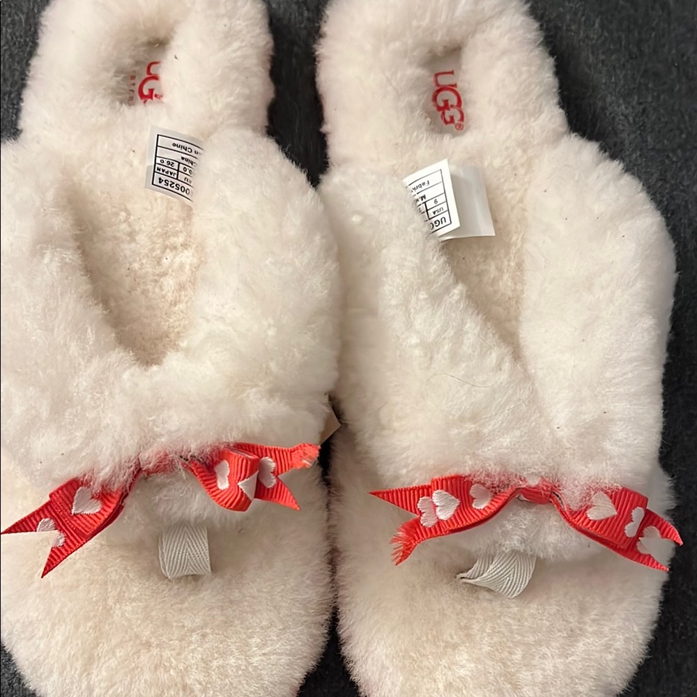 UGG Cream Slippers with Red Heart Bows